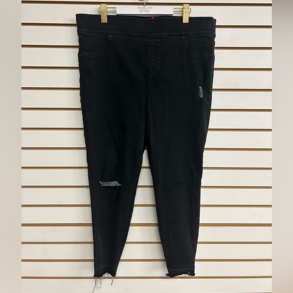 Spanx Distressed Denim Leggings‎ Womens 3XP Black Pull On 20213Q Frayed Raw Hem
